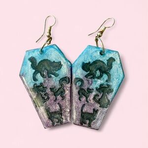 Handmade Coffin Shaped Cat Silhouette Earrings - Teal & Purple
